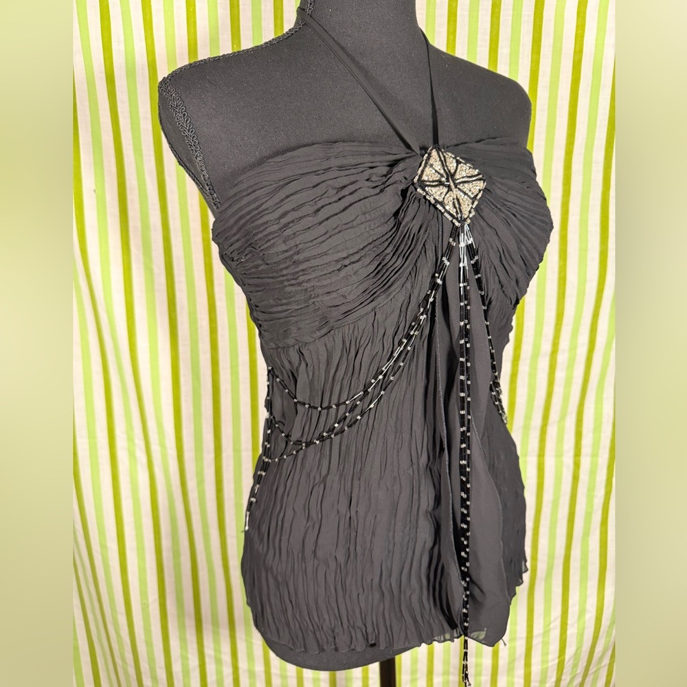 Kaelyn-Max Black Beaded Halter Top, Chiffon Layered Top, Size Medium - Picture 14 of 16